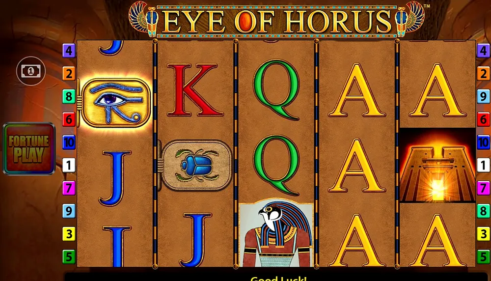 Fortune Play button beside reels with a Horus wild and temple door
